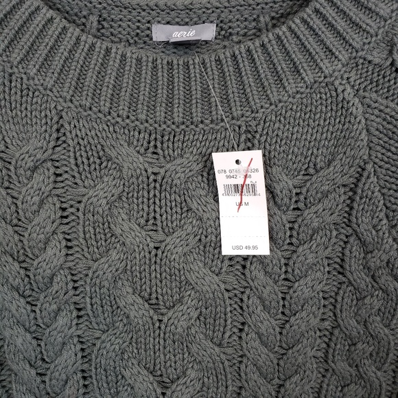 🆕️ Aerie Fern Green Cable Knit Crewneck Sweater - Picture 3 of 8